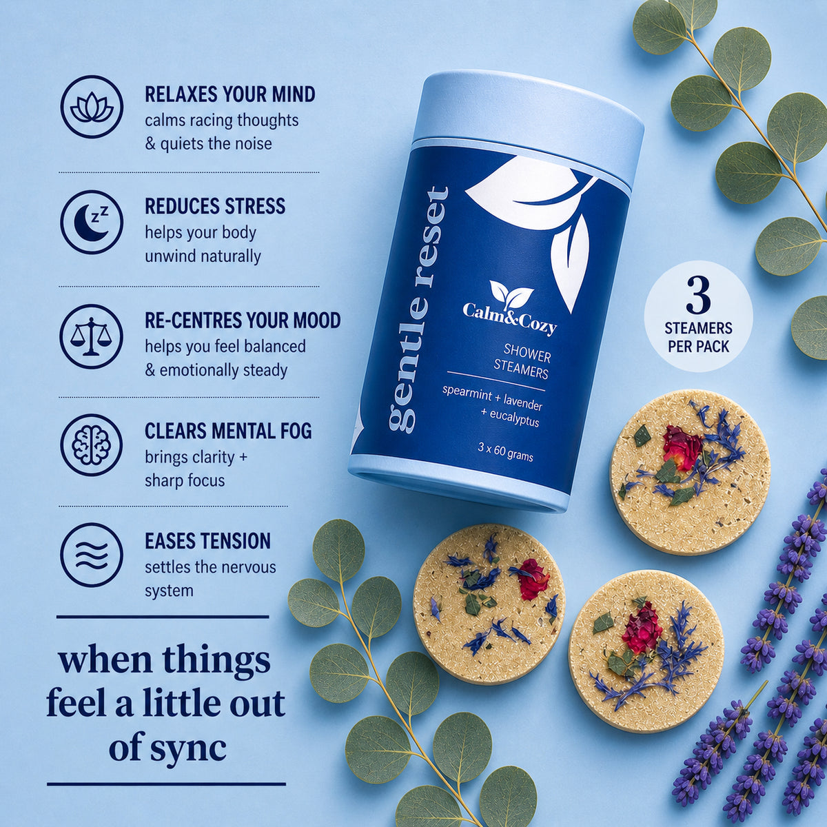 calm & cozy gentle reset shower steamers with lavender eucalyptus and spearmint
